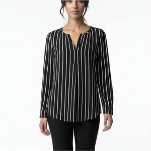 Women’s Black White Striped Blouse Long Sleeve Work Office Casual Top Size Small